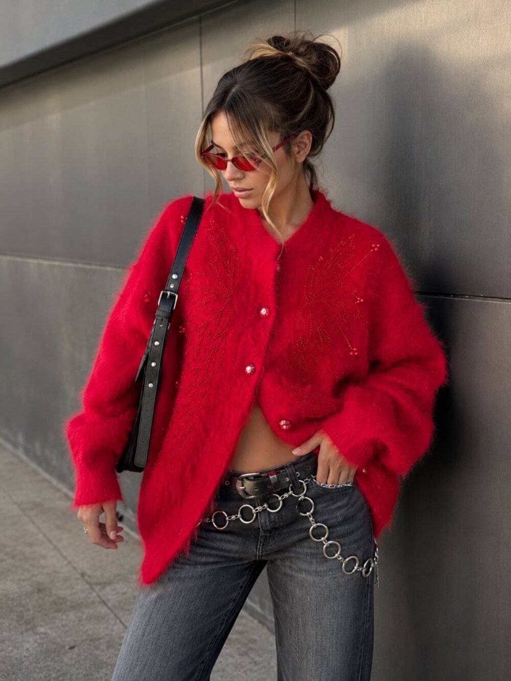 Vintage Big Star Red Angora Cardigan Beaded Fuzzy Sweater Korea 80s 90s M-XL